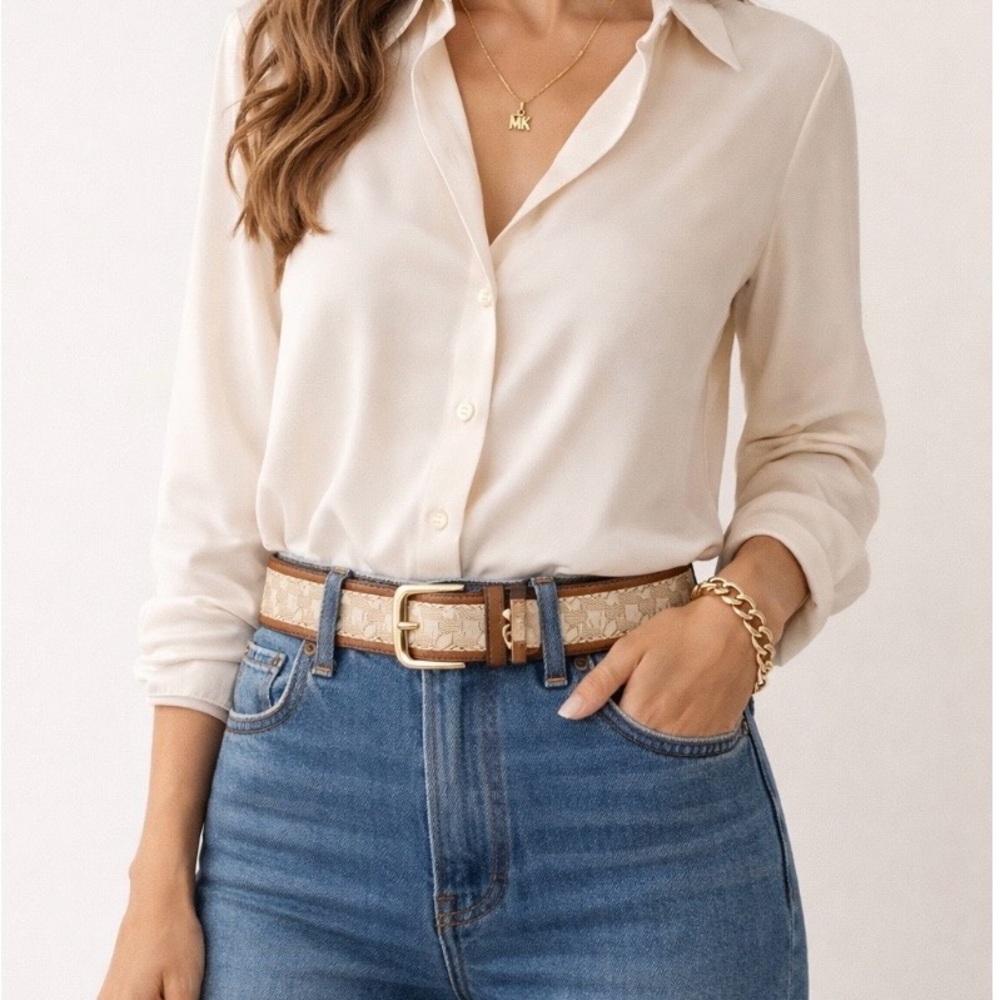 Michael Kors Unisex Monogram Belt Tan and Cream Gold Hardware Size Large